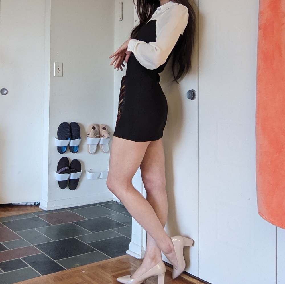 Mock two piece chiffon puff long sleeve mini dress